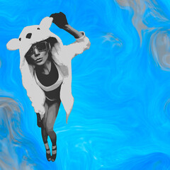 Fashion experimental effect collage. Dj party Girl and abstract  creative background