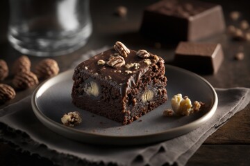 A plate of warm, moist brownies stuffed with walnuts and chocolate.