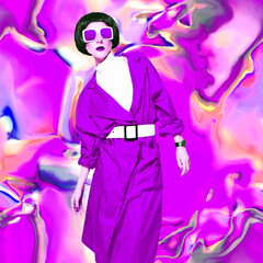 Naklejka na ściany i meble Fashion experimental effect collage. Retro lady and abstract texture creative background