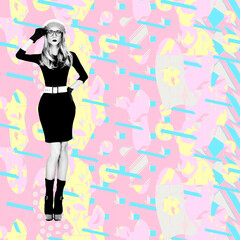 Fashion experimental effect collage. Retro Lady and abstract creative background