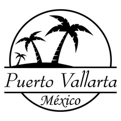 Destino de vacaciones. Logo aislado con texto manuscrito Puerto Vallarta México con silueta de playa con palmeras en círculo lineal