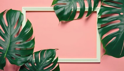 Fototapeta na wymiar Tropical Monstera with white frame and space on pink background