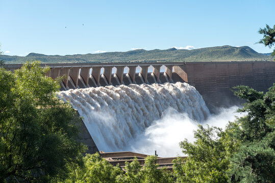 The largest dam in South Africa, the Gariep Dam, overflowing