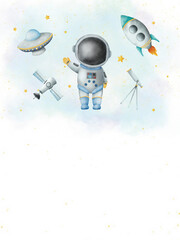 Watercolor paper illustration of space boy Astronaut on Galaxy background. Idea for icons, wallpaper, children’s art, books, cartoon, background, banner, poster, magazine, details decoration, birthday