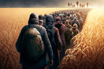 generative ai illustration of  group of war refugees walking in cornfield, Large group of people immigrate, seeing from behind, generative ai - obrazy, fototapety, plakaty