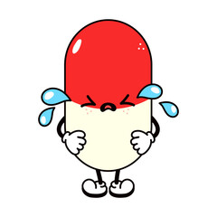 Cute funny crying sad pill character. Vector hand drawn traditional cartoon vintage, retro, kawaii character illustration icon. Isolated white background. Cry pill character concept