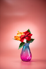 ガラスの瓶とハイビスカス