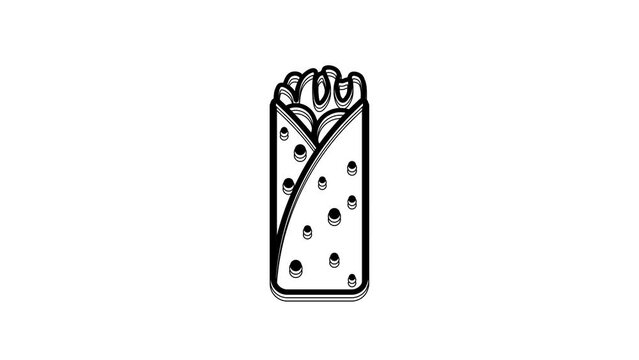 Black Burrito icon isolated on white background. Traditional mexican fast food. 4K Video motion graphic animation