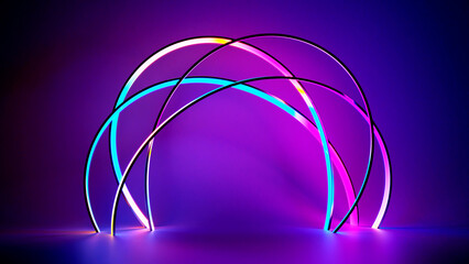 Abstract background with stylized neon glowing spectrum gradient lamps. 3D render. Copy space