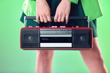 Radio, woman and music with retro technology and fashion, entertainment with station, funk and...