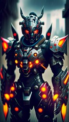 potrait ninja oni android cyborg machine standing in the middle of town and it's raining , digital art style