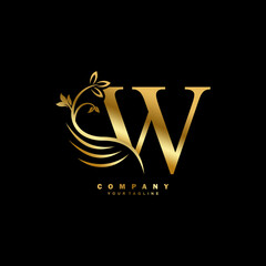 Gold luxury W letter logo with beautiful floral and feather ornament. feather logo. W typography, W monogram. Suitable for business logos, brands, companies, boutiques, beauty logos, etc