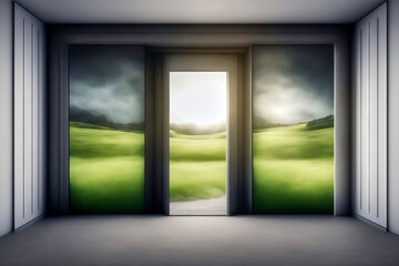 An open door surrounded by a lush green landscape welcomes visitors to an impressive house with majestic architectural design and bright windows in the clouds, made with generative ai
