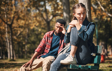 Couple, hiking and argument in forest about location, direction or cheating confession on nature...