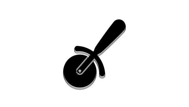 Black Pizza knife icon isolated on white background. Pizza cutter sign. Steel kitchenware equipment. 4K Video motion graphic animation