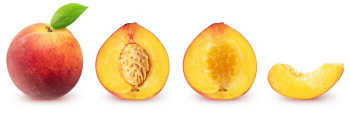 Whole fresh peach fruit with leaf, half and pieces in a row isolated on white background with clipping path
