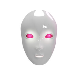 Face of humanoid robot with red eyes made of plastic front view on transparent background