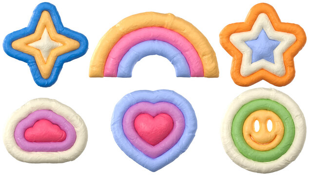 3d rendering illustration. Set of groovy clay stickers. Elements with plasticine effect. Stars, heart, smile, cloud, rainbow. 