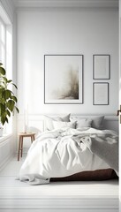 Bedroom: comfortable, minimalistic, deco, window, light, bed, bedding, pillows, plant, empty, blank, nobody, no people, photorealistic, illustration, Gen. AI