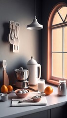 Kitchen with a window: minimalistic, food, interior, kitchenware, light, countertop, empty, blank, nobody, no people, photorealistic, illustration, Gen. AI