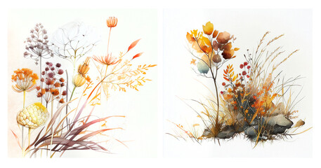Watercolour floral illustration set. Field flowers for elements collection. Nature.Generative ai