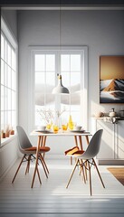 Kitchen and dining: interior, deco, light, window, table, chairs, wood, empty, blank, nobody, no people, photorealistic, illustration, Gen. AI