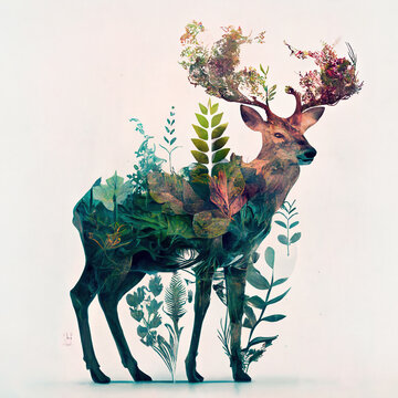 Double exposure of deer and plant flora