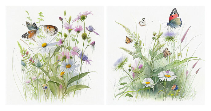 Watercolour floral illustration set. Field flowers for elements collection. Nature.Generative ai