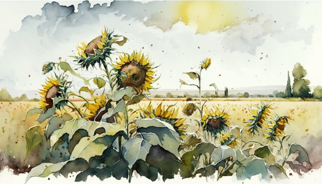 Watercolor painting of sunflower fields in summer. - Ai Generated #10