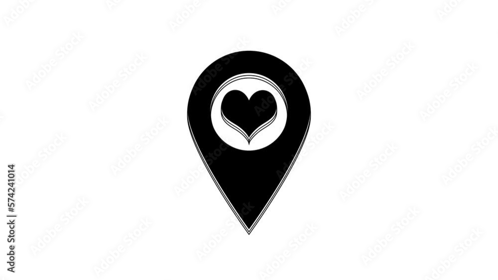 Poster black map pointer with heart icon isolated on white background. 4k video motion graphic animation