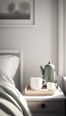 Drink: morning, coffee, tea, bedroom, bed, comfortable, warm, hot, teapot, window, light, empty, blank, nobody, no people, photorealistic, illustration, Gen. AI