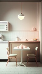 Fototapeta na wymiar Kitchen: minimalistic, retro, furniture, interior, light, table, chair, tile, coffee, breakfast, empty, blank, nobody, no people, photorealistic, illustration, Gen. AI