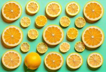 Obraz premium Colorful fruit pattern of fresh orange slices on green background. AI Generated