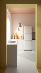 Kitchen: minimalistic, simple, refrigerator, sink, window, bright, cabinets, empty, blank, nobody, no people, photorealistic, illustration, Gen. AI