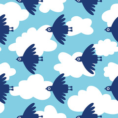 Seamless Pattern. Simple illustration with cute birds flying over the clouds. Blue Version.
