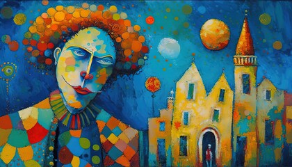  paint like illustration of a clown with fairytale castle, idea for artistic background wallpaper, Generative Ai