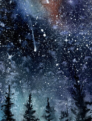 Watercolor hand drawn background of space, stars, constellation, nebula. Large resolution texture for the design of postcards, backdrops, websites, posters
