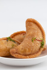 Gujia Also Called Gujiya, Pirukiya, Pirukia, Pedakiya, Karanji, Basundi Or Gughra Stuffed With Mawa, Khoya, Chasni, Mava, Khoa - Indian Sweet Dumpling Enjoyed On Deepawali, Teez, Holi, Diwali And Teej