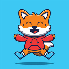 Cute fox mascot wearing jacket jumping cartoon illustration.