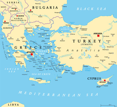 Aegean Sea region with Aegean Islands, political map. An elongated embayment of the Mediterranean Sea, located between Europe and Asia, and between the Balkans and Anatolia, Greece and Turkey. Vector.