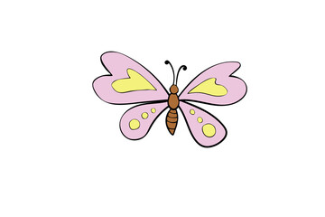 Vector cute color pink butterfly in doodle flat style. Simple design element, clip art for spring, summer, postcard, kids natural element design