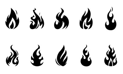 Set of black fire flames isolated on white. Vector illustration.