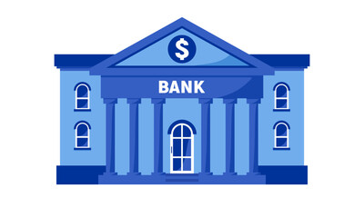 Bank building blue colored facade isolated on white background. Architecture building with columns. Vector illustration. Flat style. 