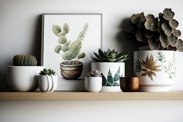 Succulents and cacti in variouse ceramic pots and poster frame at light wooden shelf, modern style. Eco package. Lagom style. simple composition, photorealism, light wall background. Generative AI