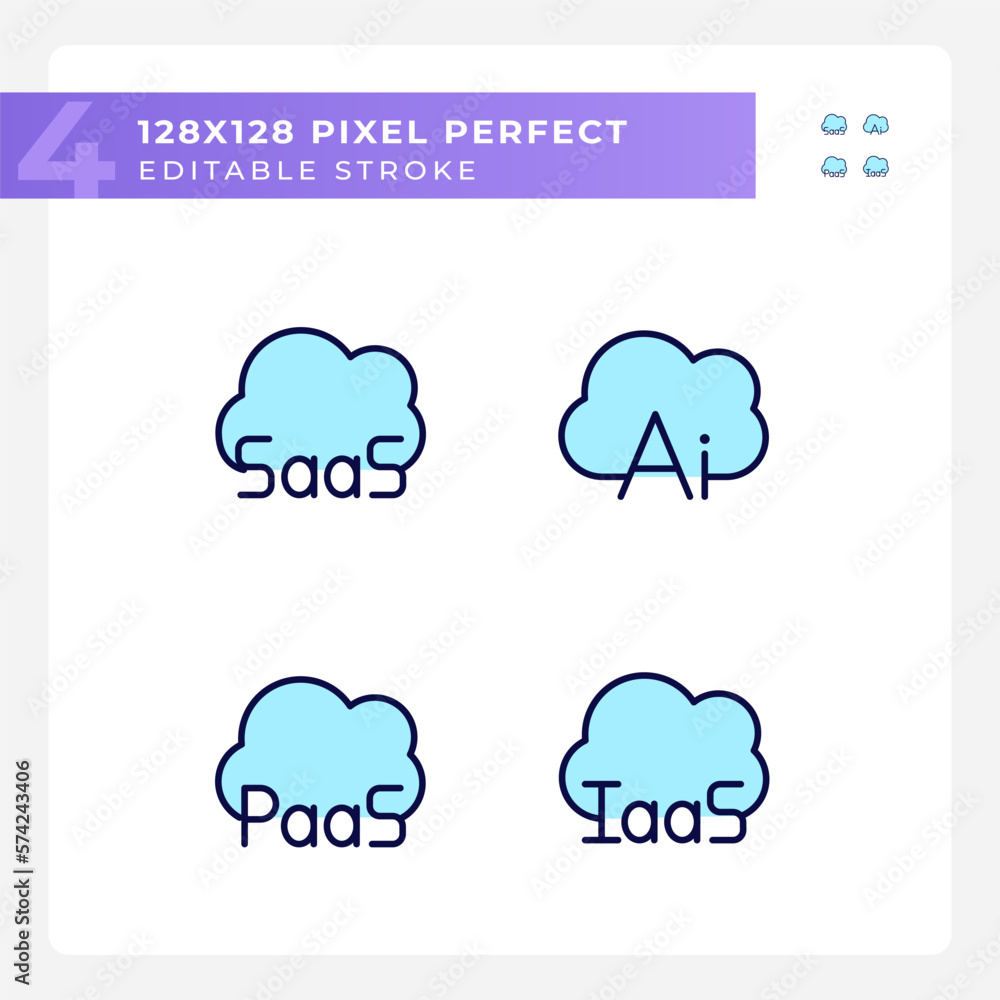 Leinwandbilder structure of cloud computing pixel perfect rgb color icons set. virtual data services. artificial in