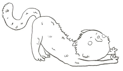 A funny cartoon cat character. black and white hand drawn illustration. Coloring book page. Doodle kitty. Stretching yoga sketch. Fluffy domestic pet. 