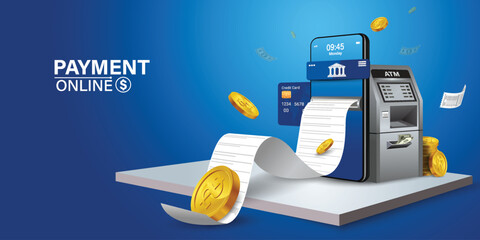 The credit card is on the smartphone and there are coins around it.Mobile payment concept without ATM or bank. Cashback via mobile application or via credit card. Paying bill using mobile phone bill.