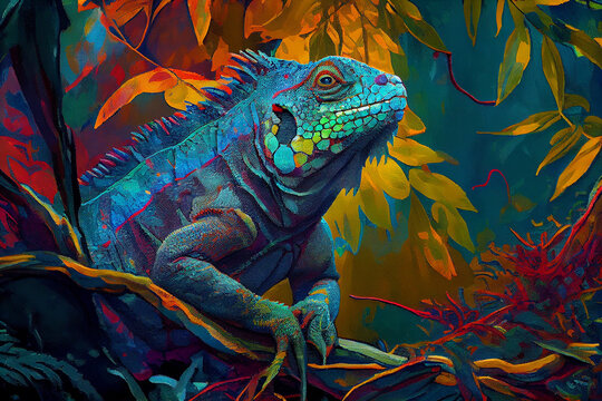Colorful iguana in the fantasy rain forest, generative ai illustration