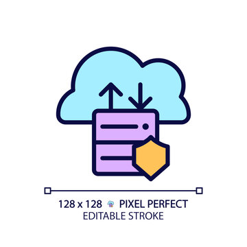 Data migration to cloud pixel perfect RGB color icon. Data transfer to online storage. Innovative technology of computing. Isolated vector illustration. Simple filled line drawing. Editable stroke
