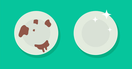 Dirty dish plate vector icon and clean wash kitchen tableware utensil top view above graphic illustration clipart image design